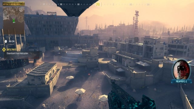 A player looks down at the landing zone in the MW3 Zombies Shepherd mission.