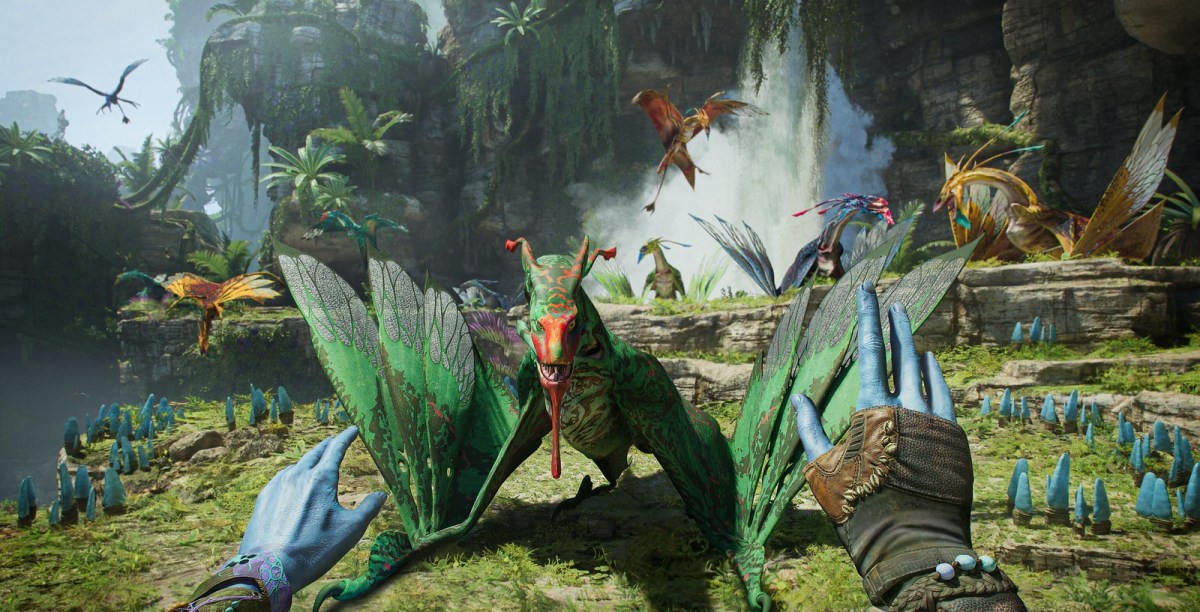 A Na'vi character in Avatar: Frontiers of Pandora extending their hands towards an Ikran.