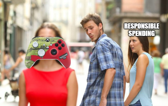 A meme of the Distracted Boyfriend with the Yorkshire Tea Xbox controller.