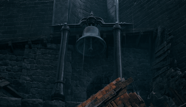 A screenshot from Remnant 2 showing a bell. It hangs between two pillars in front of red brick rubble.