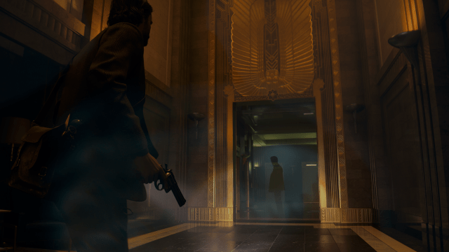 Alan Wake look towards a shadowy figure at the end of a hallway