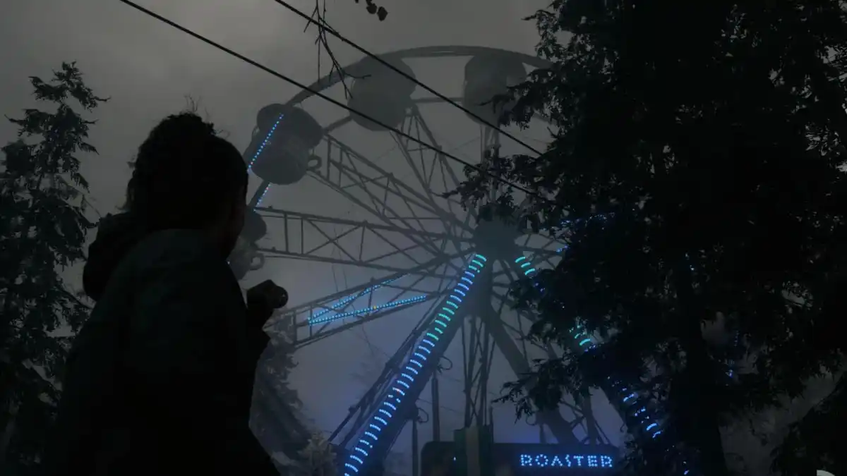 An in game screenshot of the Slow Roaster Ferris wheel in Coffee World from Alan Wake 2.