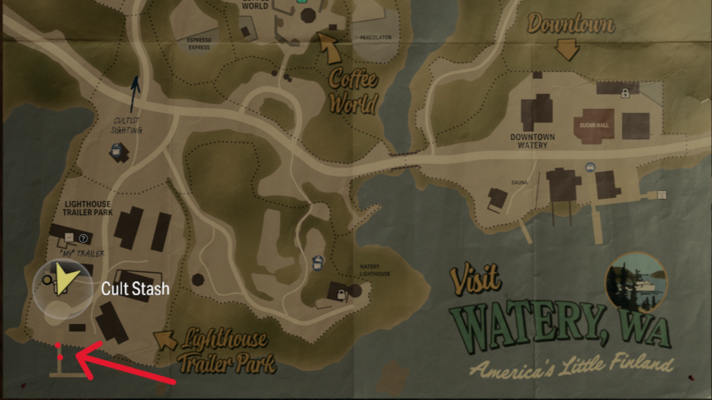 The map of Watery in Alan Wake 2, with a red arrow and dots highlighting the location of a dock at the southern end of the Lighthouse Trailer Park