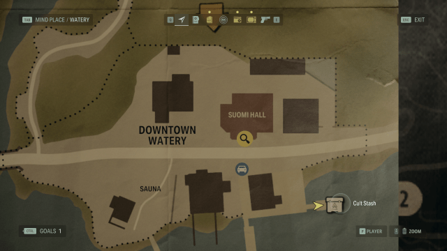 The map of Downtown Watery in Alan Wake 2, with Saga's player icon highlighting a Cult Stash at the end of a dock.