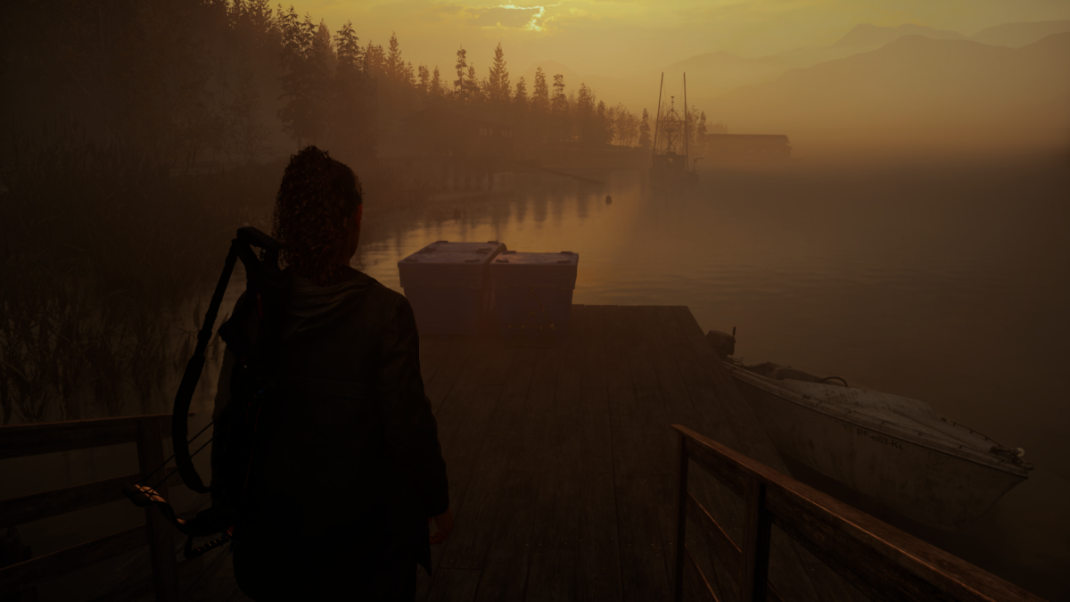 Saga standing on a dock overlooking a lake in Alan Wake 2.