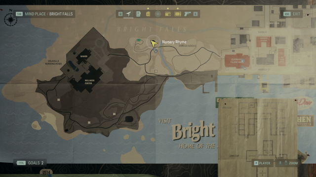 The map of Bright Falls with the player icon on a Nursery Rhyme east of a campsite in Bunker Woods.