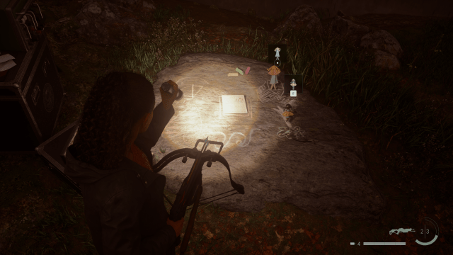 The Mother and Child Dolls placed on chalk drawings on a Nursery Rhyme in Alan Wake 2.