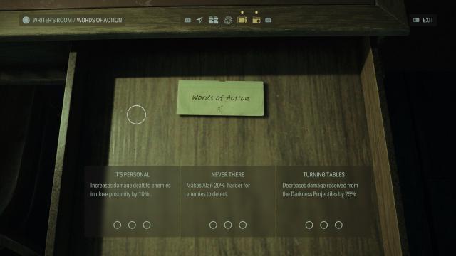 Alan Wake 2: Words of Action menu