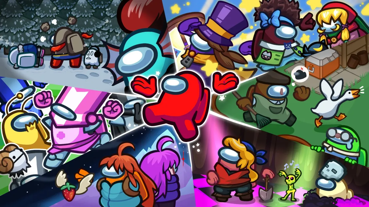 A Red Crewmate jumping up in joy in the middle. Crewmates are dressed up in different cosmetics to represent different games. Starting from the top right and going clockwise, they are: A Hat in Time, Untitled Goose Game, Crypt of the NecroDancer, Celeste, various characters from the studio Behemoth, and Undertale.