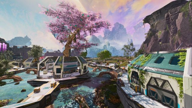Cherry blossom tree and buildings on Broken Moon map Apex Legends