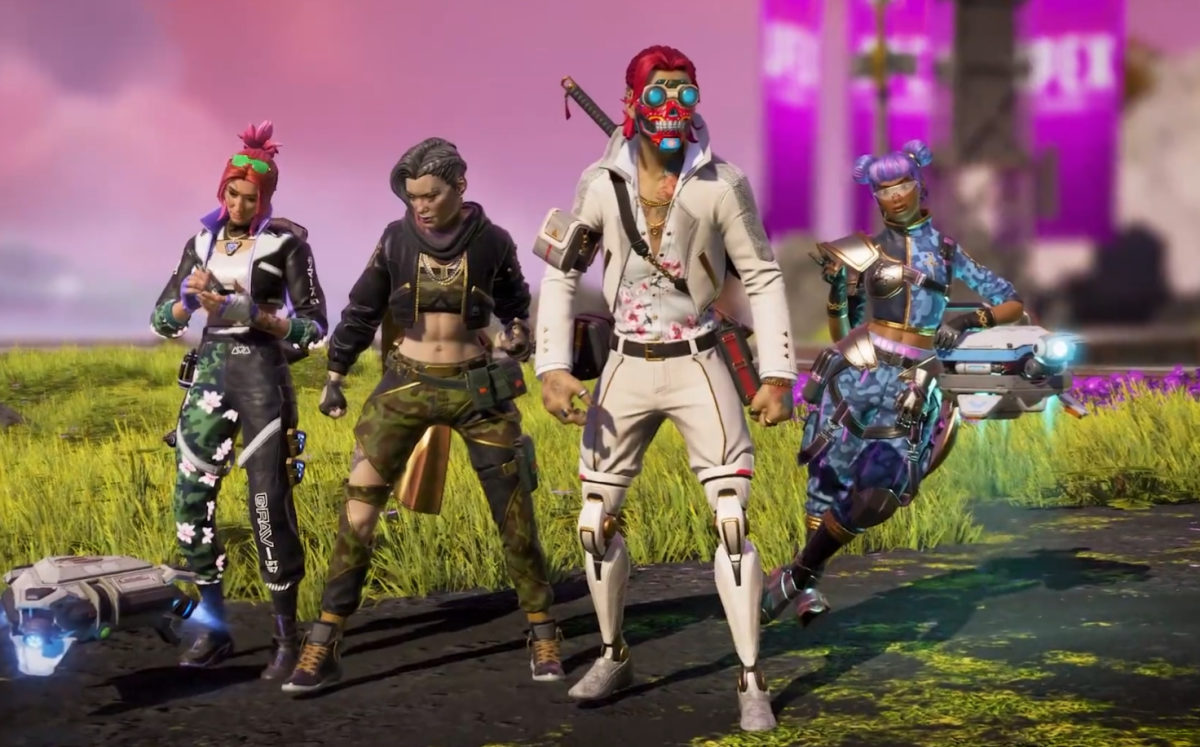 Wraith, Horizon, Octane, and Lifeline stand side by side in their Post Malone-themed outfits