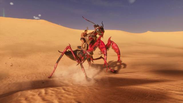 A player in Ark: Survival Ascended Scorched Earth riding a Mantis.