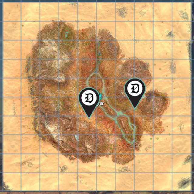 A map of Scorched Earth in Ark: Survival Ascended marking Doedicurus locations.