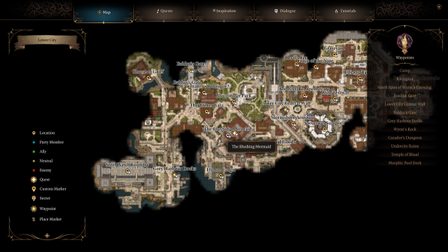 Image of the map in BG3 showing the city of Baldur's Gate.