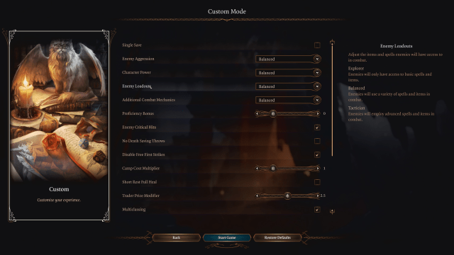 A screenshot of the Custom Mode options for Baldur's Gate 3 that was added in Patch Five.