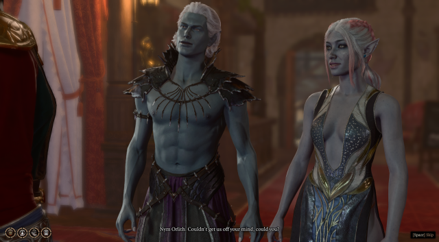 The Drow Twins speaking to the PC in Sharess' Caress in Baldur's Gate 3.