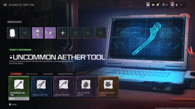 A menu showing Aether Tools in MW3 Zombies.