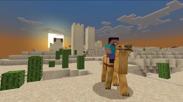 A player riding on the back of a camel through a desert in Minecraft.