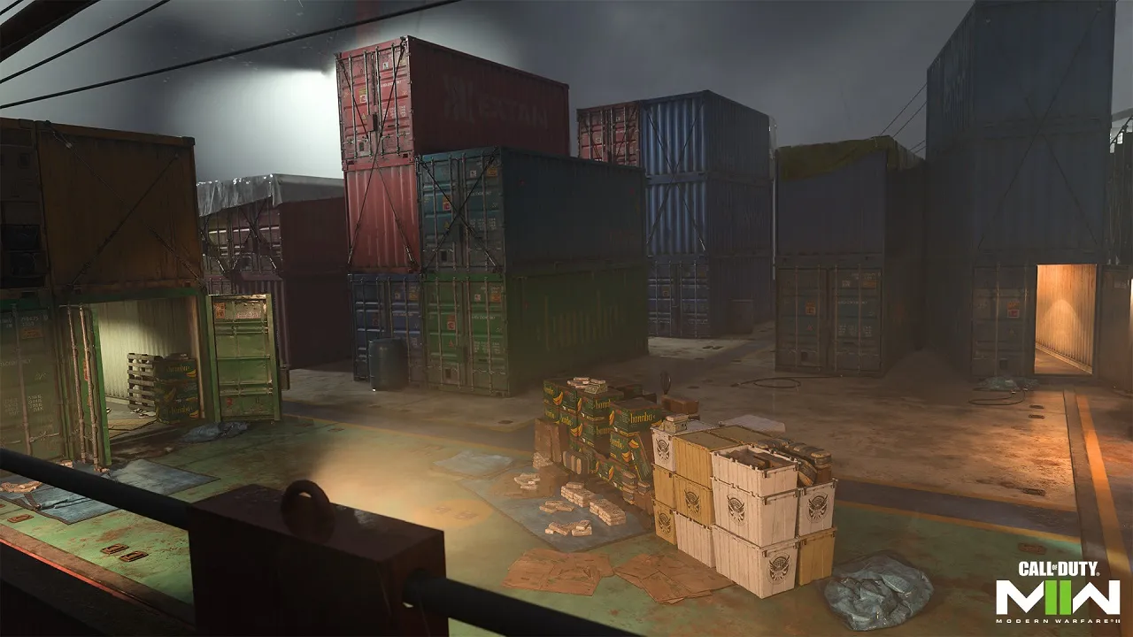 There is a shot of the Shipment map from MW2. It is nighttime and there are containers in the area.