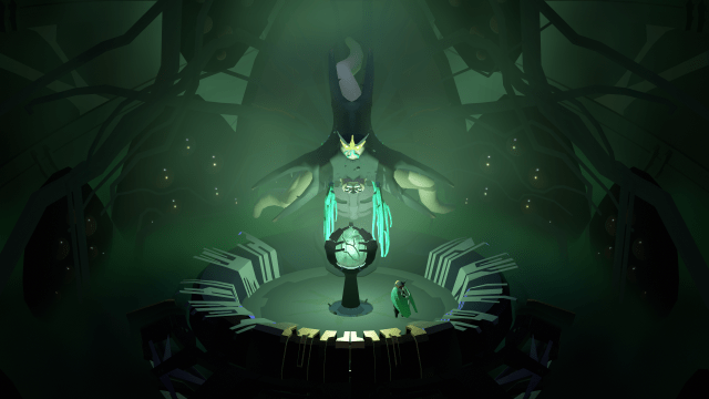 A small moth-like creature stares up at a glowing green orb. Behind the orb stands a giant moth creature.