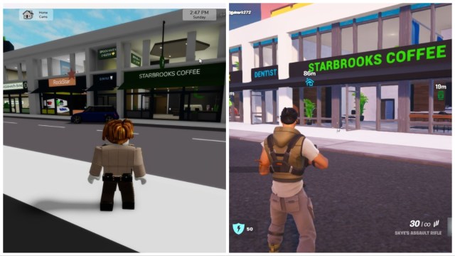 Two images showing side-by-side comparison between Fortnite Brookhaven and Roblox Brookhaven