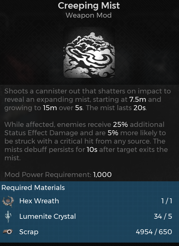 Creeping Mist, a weapon mod from Remnant 2, shown on the crafting screen. The item's description is written below it.