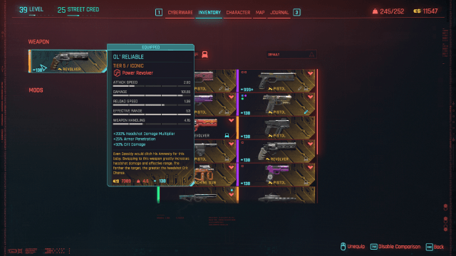 the statistics for the weapon Ol' Reliable in Cyberpunk 2077.