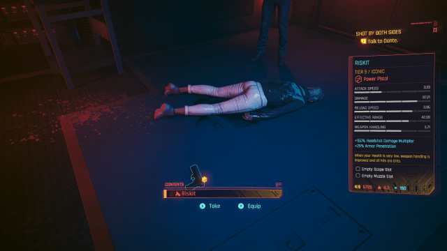 Riskit, an Iconic Power Pistol, on the ground next to the dead body of a woman in white pants.