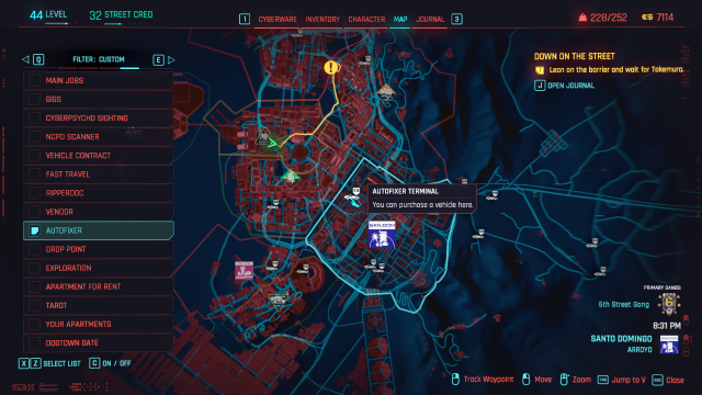 The map of Night City in Cyberpunk 2077. The Filter is set to display only Autofixer Terminals.