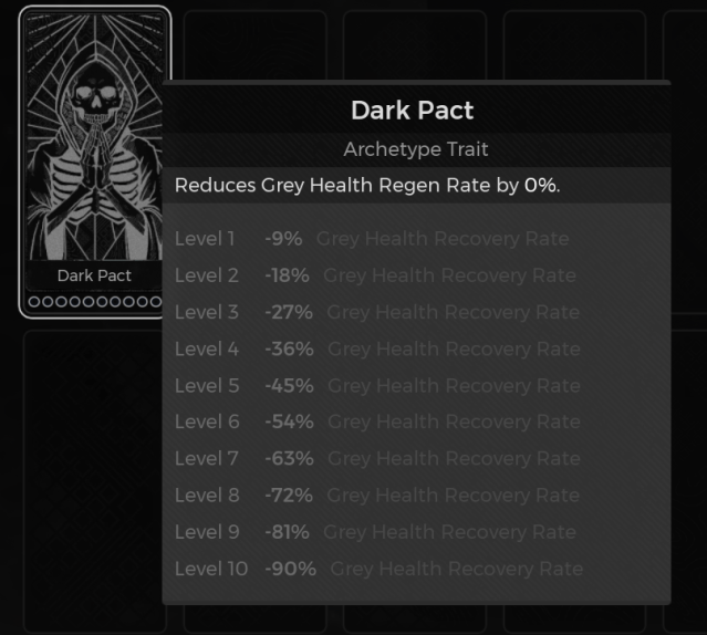 A screenshot from Remnant 2 showing the Dark Pact trait. A description next to it shows the different levels and their effects.