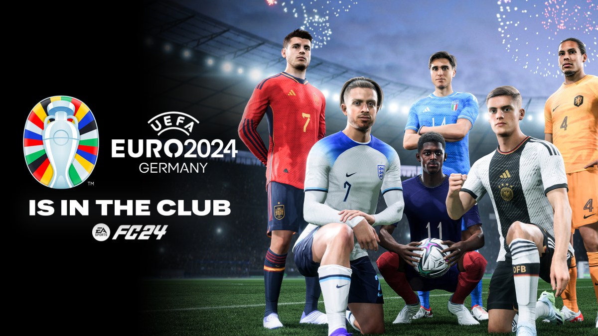 The official art of the partnership between EA FC 24 and Euro 2024. It shows the versions of Grealish, Morata, van Dijk, Chiesa, Dembelé, and Wirtz in EA FC 24.