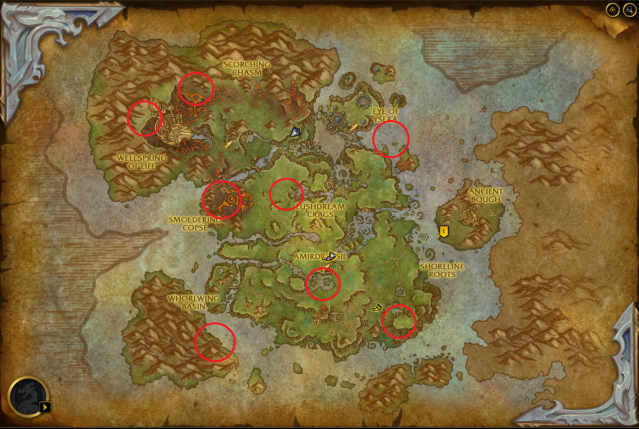 The Emerald Dream map with red circles showing the exact locations of all eight Dragonriding Glyphs.