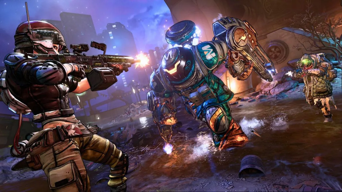 Man holding a weapon and pointing it at a robot in Borderlands 3