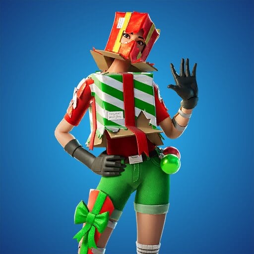 The Holiday Boxy skin in Fortnite displayed over a blue background.