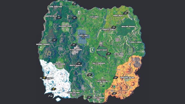 The island in Fortnite with icons showing where all the planes are.
