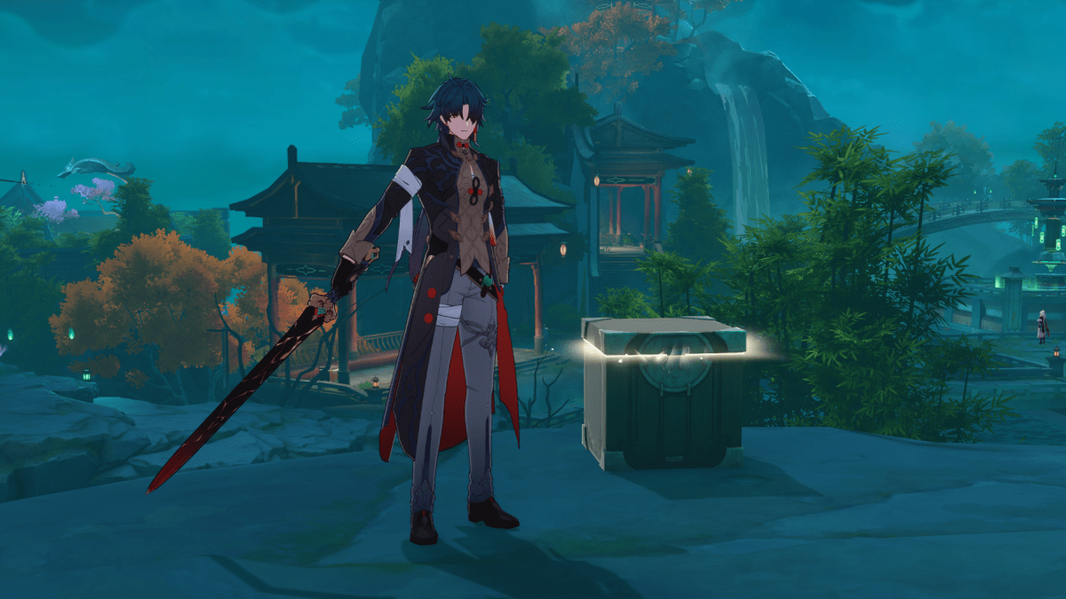Blade standing next to an unopened chest in Fyxestroll Garden.