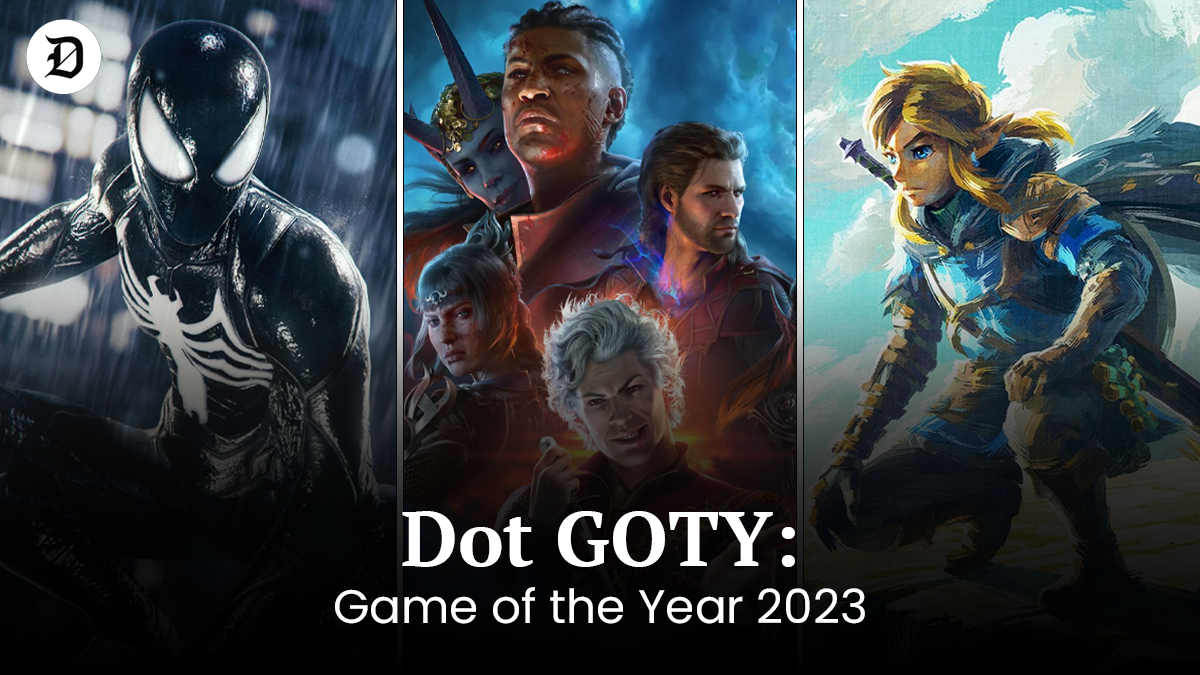 An image of spider-man 2, baldur's gate 3 and tears of the kingdom with text over it saying "Dot GOTY: Game of the Year 2023"