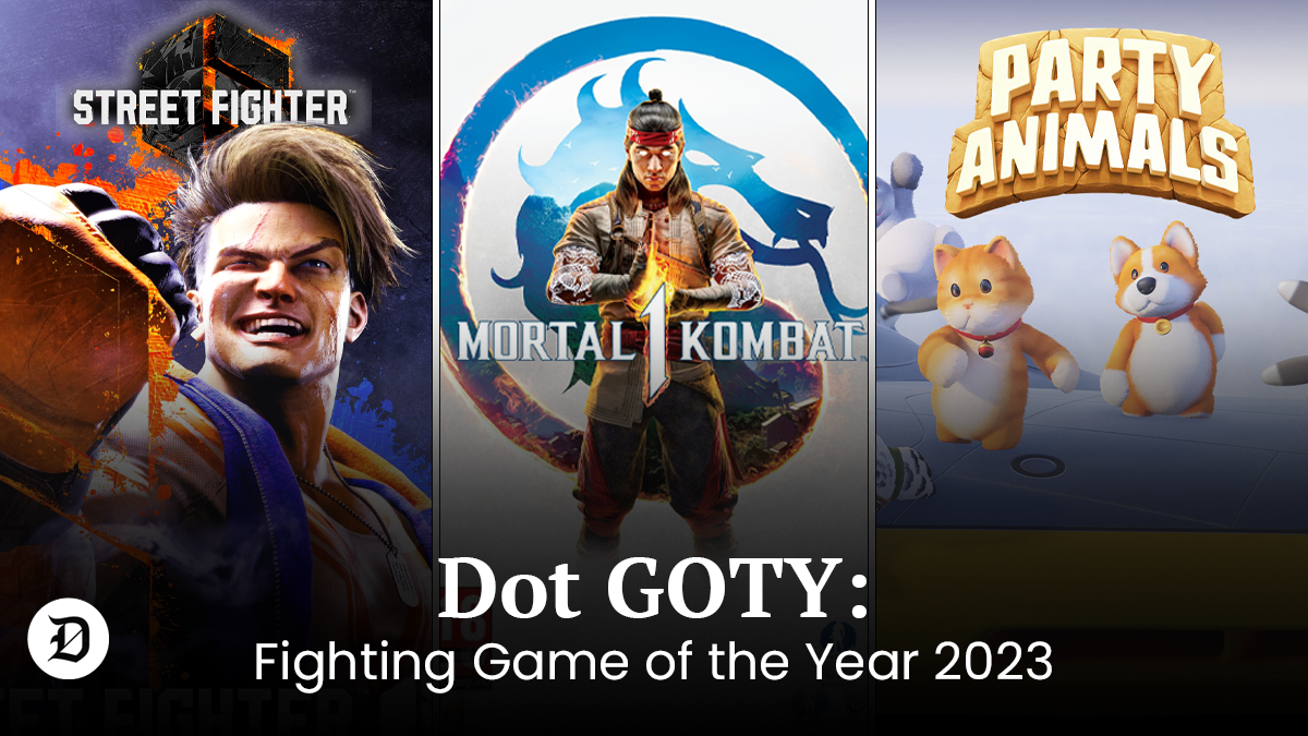 Street Fighter 6, Mortal Kombat 1 and Party Animals images with DOTY Fighting GOTY 2023 written over them