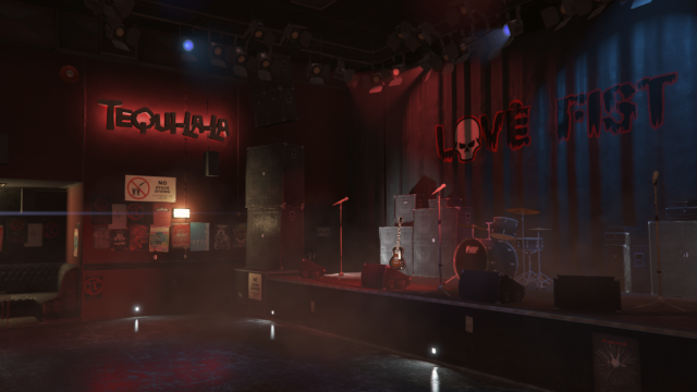 Bar called Tequi-la-la from GTA 5. The theme is notably red, and there's a stage visible with instruments ready for a rock band.