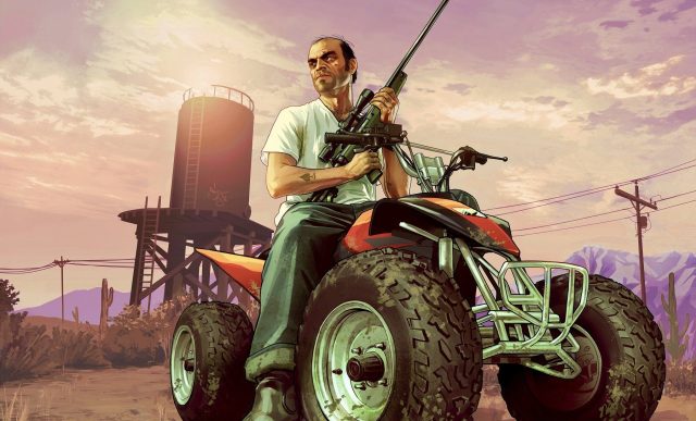 GTA 5 protagonist Trevor holding a rifle on an ATV.