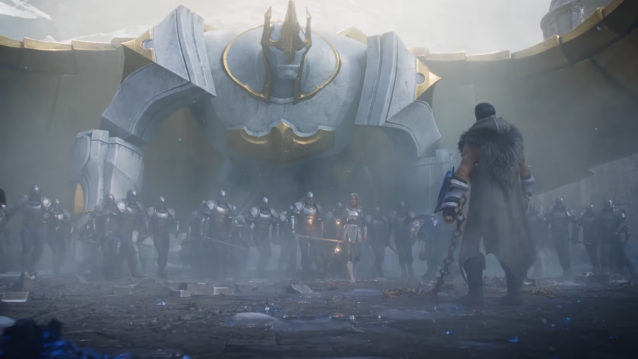 Galio, Lux and Garen facing Sylas in one of the game's cinematics.