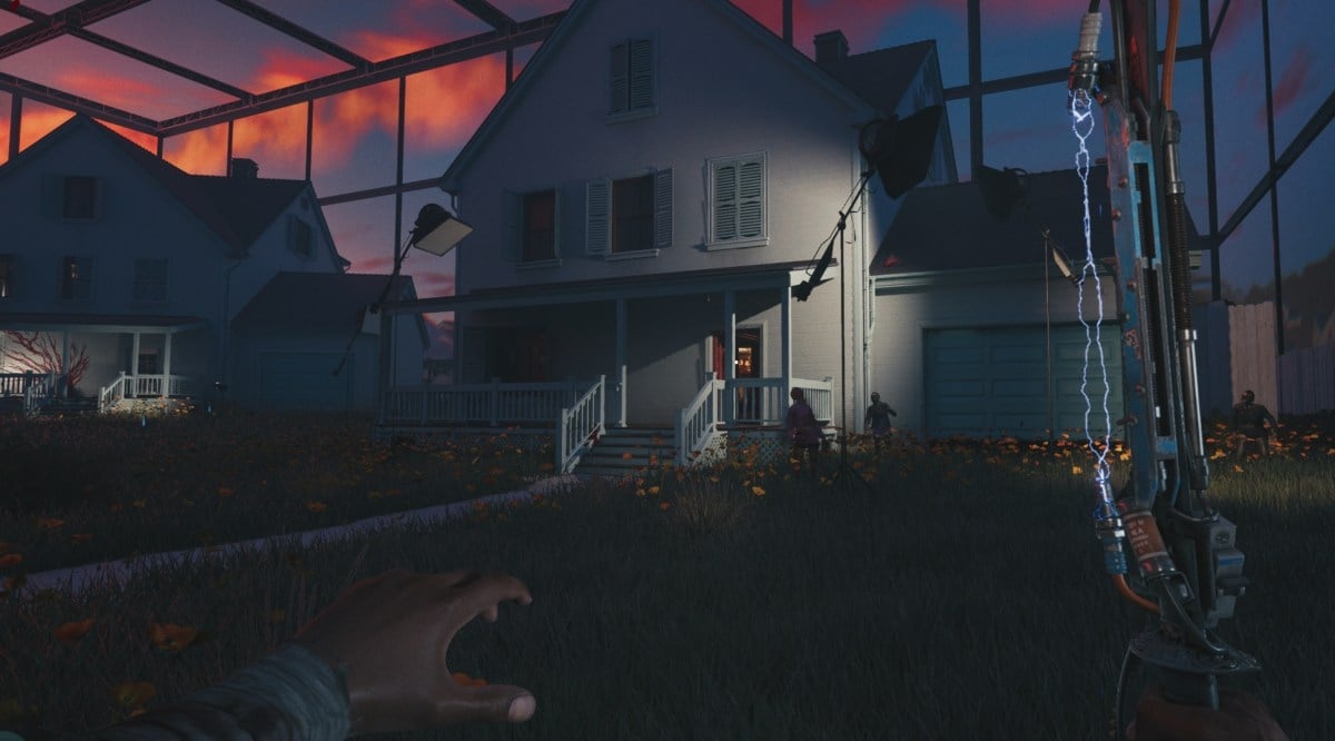A house and a character holding up a shock sword in Dead Island 2