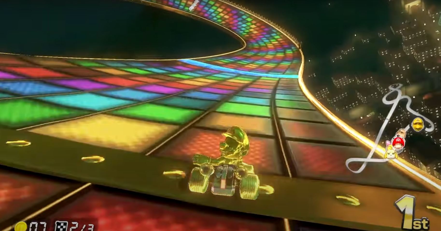 Gold Mario in Gold Kart on Rainbow Road