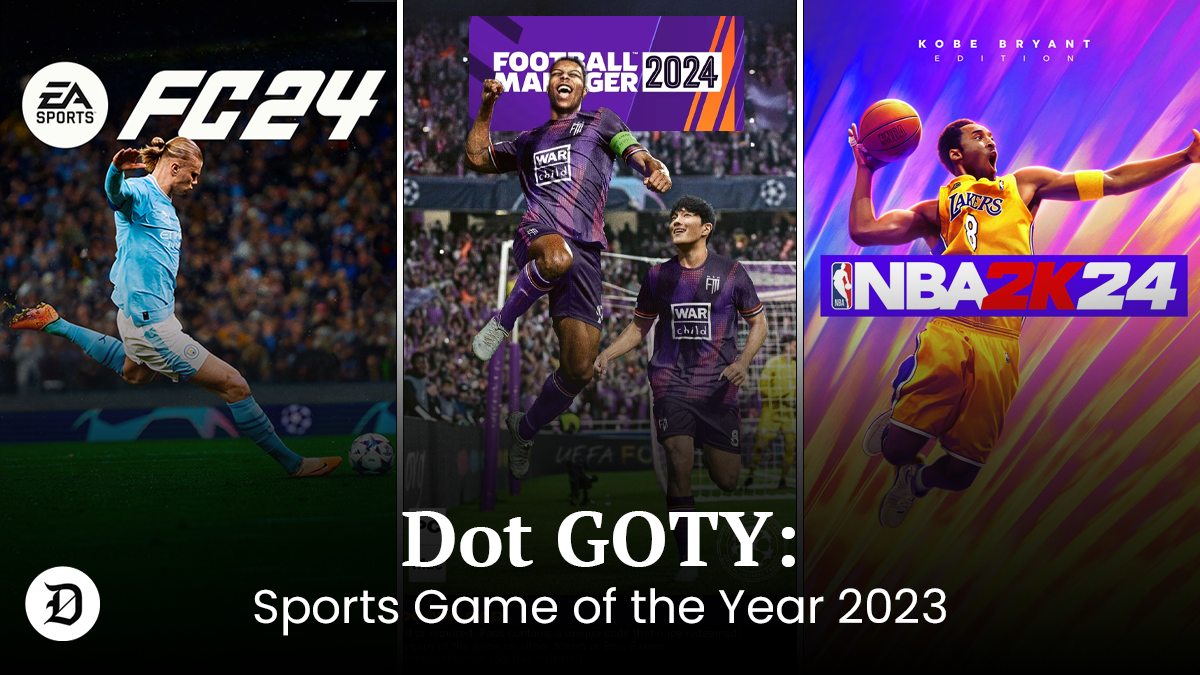 EA FC 24, Football Manager 24 and NBA 2K24 images with Dot Sports Game of the Year 2023 written over it