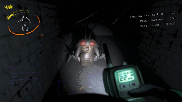 Player holding a Walkie-talkie in Lethal Company spots a Hoarding Bug, which is a large brown bug with red eyes.