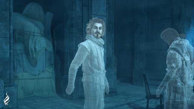 Nearly Headless Nick, a ghost in Hogwarts Legacy, floats around the room.