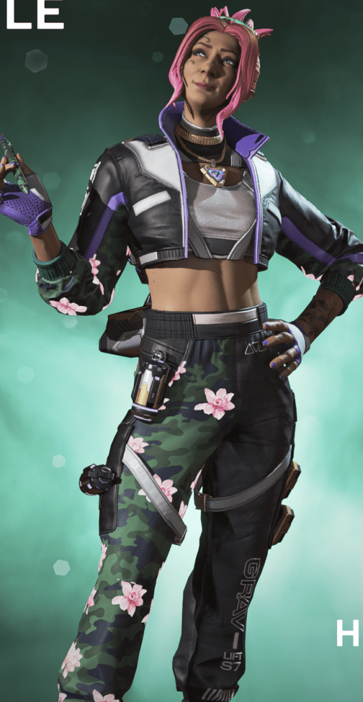 Horizon wears a purple and black cropped leather jacket with a white cropped tee beneath it. She wears green camo cargo paints with pink blossom flower accents.