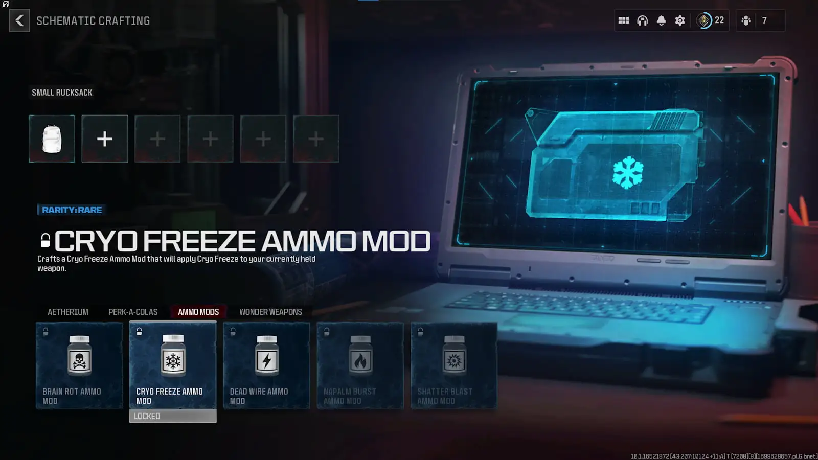 The Cryo Freeze ammo mod schematic page in Modern Warfare 3 Zombies menu.