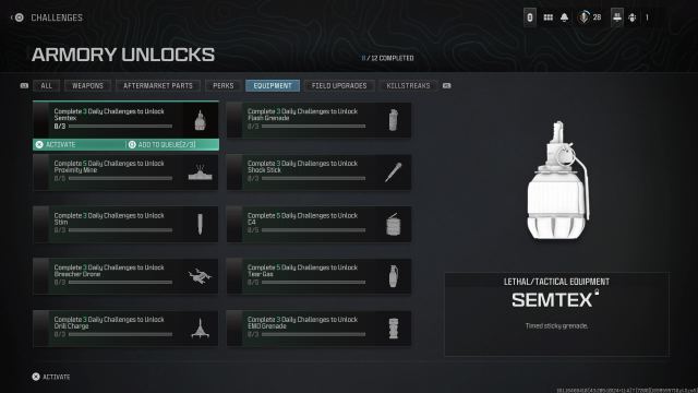 Semtex Armory Unlock screen in MW3