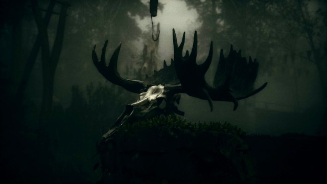 An in game screenshot of the moose skull mask from Alan Wake II.